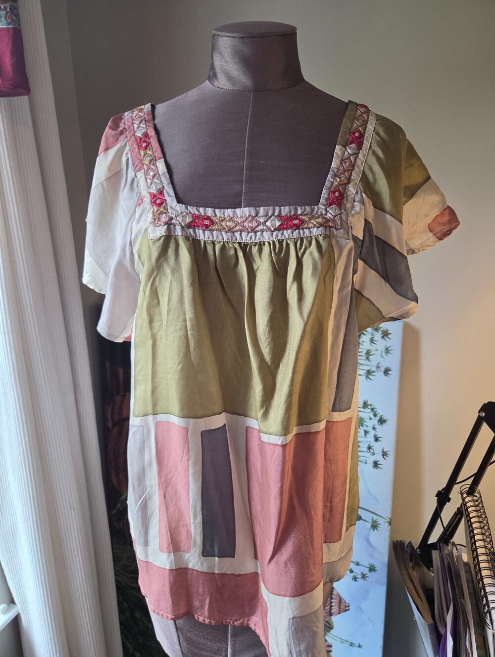 Women’s Square-Neck Colorblock Tunic Top 100% SILK AKEMI KIN BOHO TOP